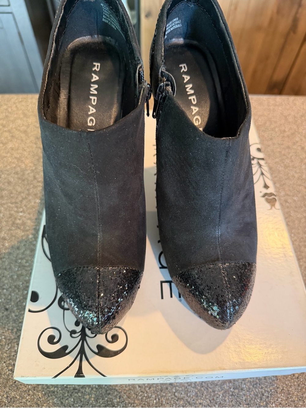 Rampage Black Suede Pointed Toe Booties with Glitter Cap